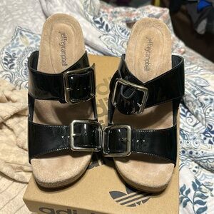 Jeffrey Campbell Glossy Black Sandals with Silver Buckles